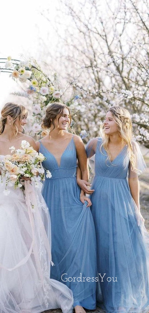 Dusty Blue Tulle A-line Long Cheap Custom Bridesmaid Dresses, GRB0104