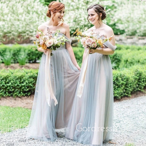 Off Shoulder Grey Tulle A-line Long Cheap Custom Bridesmaid Dresses, GRB0105