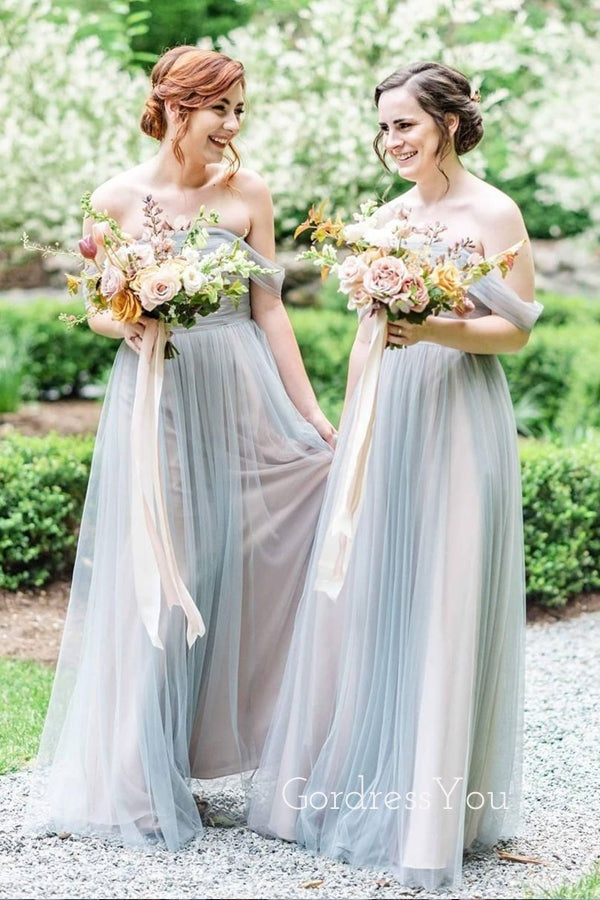 Off Shoulder Grey Tulle A-line Long Cheap Custom Bridesmaid Dresses, GRB0105