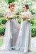 Off Shoulder Grey Tulle A-line Long Cheap Custom Bridesmaid Dresses, GRB0105