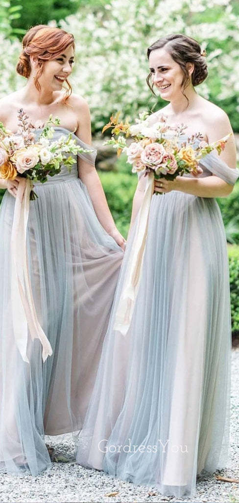 Off Shoulder Grey Tulle A-line Long Cheap Custom Bridesmaid Dresses, GRB0105