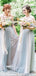 Off Shoulder Grey Tulle A-line Long Cheap Custom Bridesmaid Dresses, GRB0105