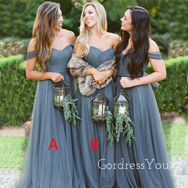 Mismatched Dusty Tulle A-line Long Cheap Custom Bridesmaid Dresses, GRB0106