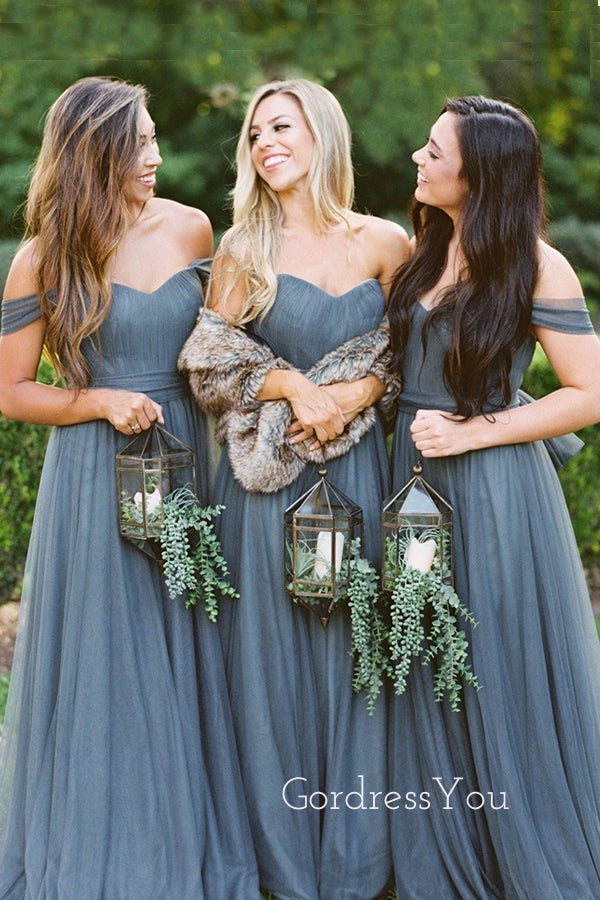 Mismatched Dusty Tulle A-line Long Cheap Custom Bridesmaid Dresses, GRB0106