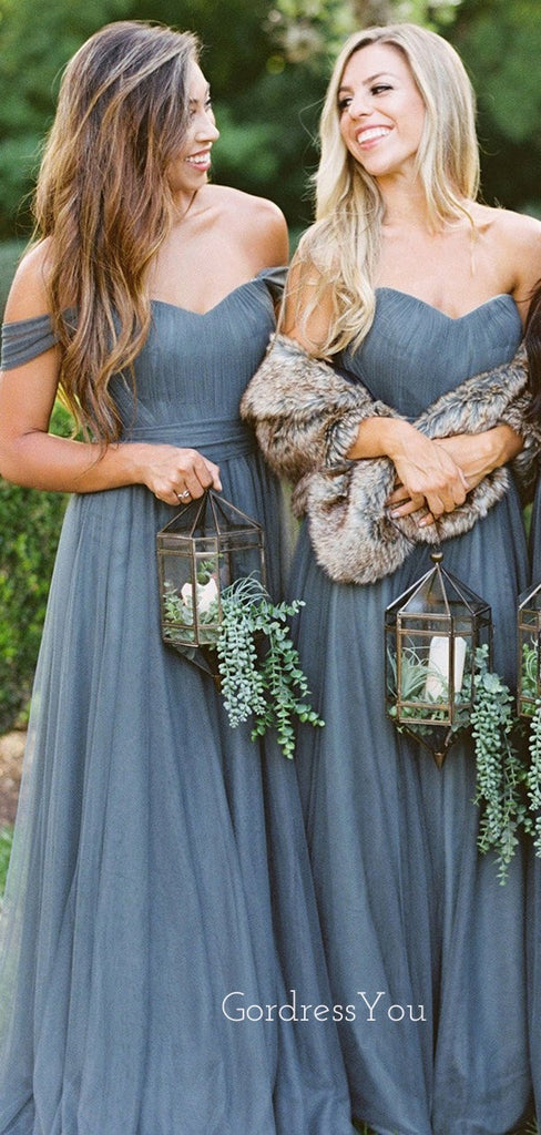 Mismatched Dusty Tulle A-line Long Cheap Custom Bridesmaid Dresses, GRB0106