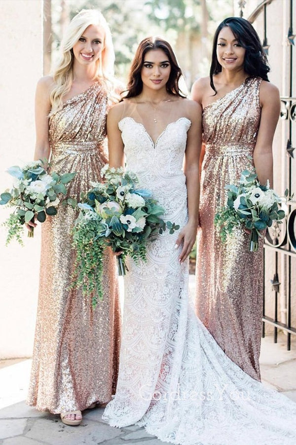 One Shoulder A-line Gold Sequins Long Cheap Custom Bridesmaid Dresses, GRB0107