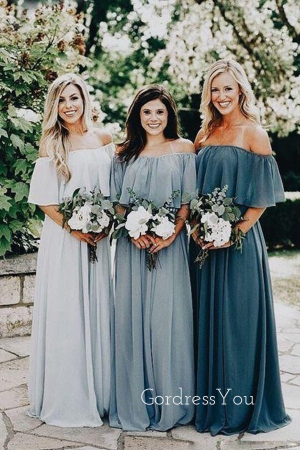 Off Shoulder A-line Chiffon Long Cheap Custom Bridesmaid Dresses, GRB0110