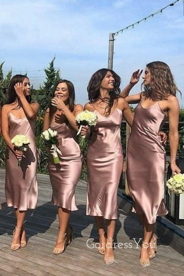 Simple Spaghetti Straps Dusty Rose Satin Long Cheap Custom Bridesmaid Dresses, GRB0111