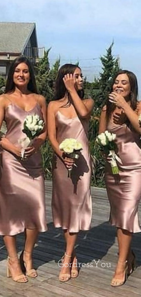 Simple Spaghetti Straps Dusty Rose Satin Long Cheap Custom Bridesmaid Dresses, GRB0111