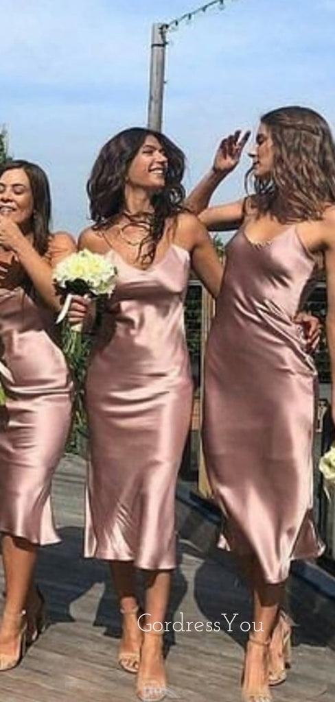 Simple Spaghetti Straps Dusty Rose Satin Long Cheap Custom Bridesmaid Dresses, GRB0111