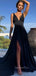 A-line Black Jersey V-neck Long Cheap Custom Side Slit Bridesmaid Dresses, GRB0114