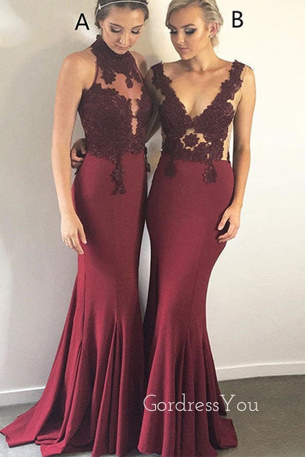 Mismatched Mermaid Burgundy Appliques Long Cheap Custom Bridesmaid Dresses, GRB0116