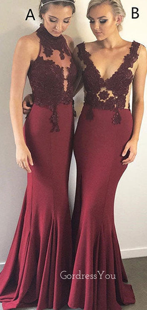 Mismatched Mermaid Burgundy Appliques Long Cheap Custom Bridesmaid Dresses, GRB0116