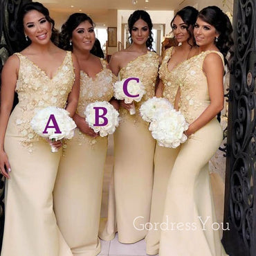 Mismatched Yellow Appliques Long Cheap Custom Mermaid Bridesmaid Dresses, GRB0117