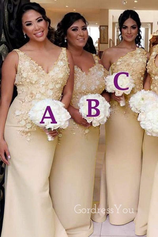 Mismatched Yellow Appliques Long Cheap Custom Mermaid Bridesmaid Dresses, GRB0117