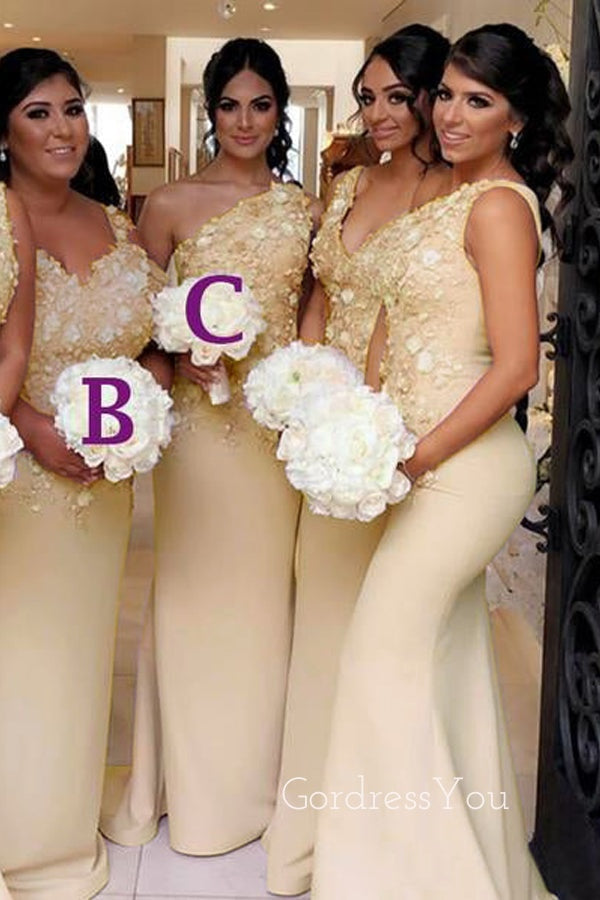 Mismatched Yellow Appliques Long Cheap Custom Mermaid Bridesmaid Dresses, GRB0117