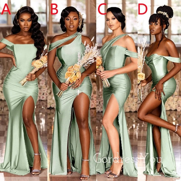 Mismatched Sage green Satin Mermaid Long Cheap Custom Side Slit Brides GordressYou Mismatched Sage green Satin Mermaid Long Cheap Custom Side Slit Brides GordressYou