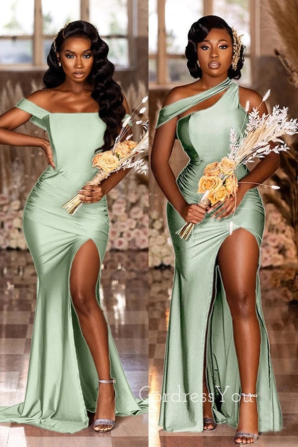 Mismatched Sage green Satin Mermaid Long Cheap Custom Side Slit Bridesmaid Dresses, GRB0120