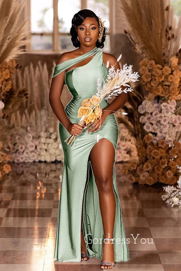 Mismatched Sage green Satin Mermaid Long Cheap Custom Side Slit Brides GordressYou Mismatched Sage green Satin Mermaid Long Cheap Custom Side Slit Brides GordressYou