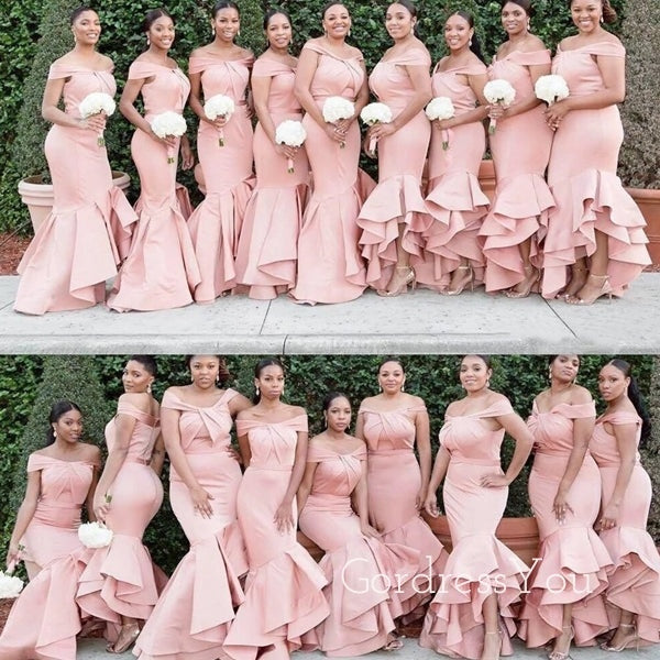 Pink Satin Off Shoulder Mermaid Long Cheap Custom Bridesmaid Dresses, GRB0122