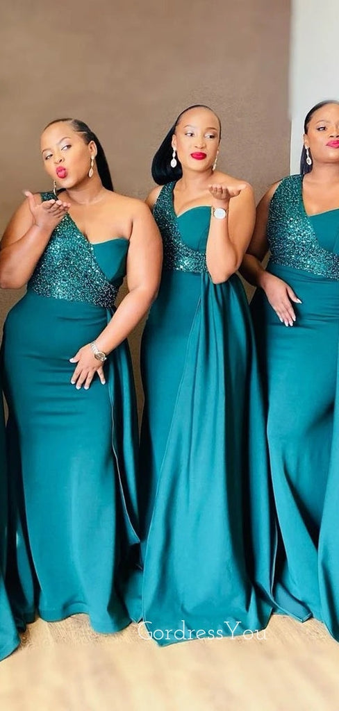 Jade Satin Sequins One Shoulder Mermaid Long Cheap Custom Bridesmaid Dresses, GRB0123