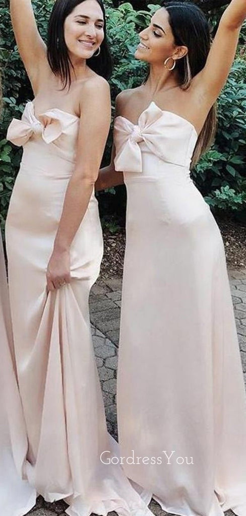 Sweetheart Pink Satin Mermaid Long Cheap Custom Strapless Bridesmaid Dresses, GRB0125