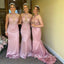 Dusty Satin Appliques Mermaid Long Cheap Custom High-neck Bridesmaid Dresses, GRB0131