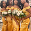 Off Shoulder Gold Satin Mermaid Long Cheap Custom Side Slit Bridesmaid Dresses, GRB0132