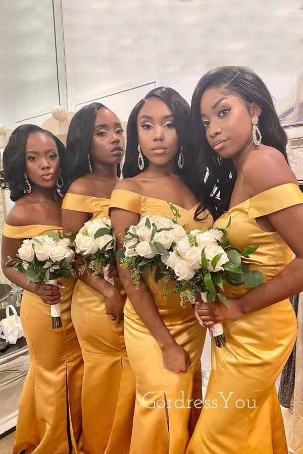 Off Shoulder Gold Satin Mermaid Long Cheap Custom Side Slit Bridesmaid Dresses, GRB0132