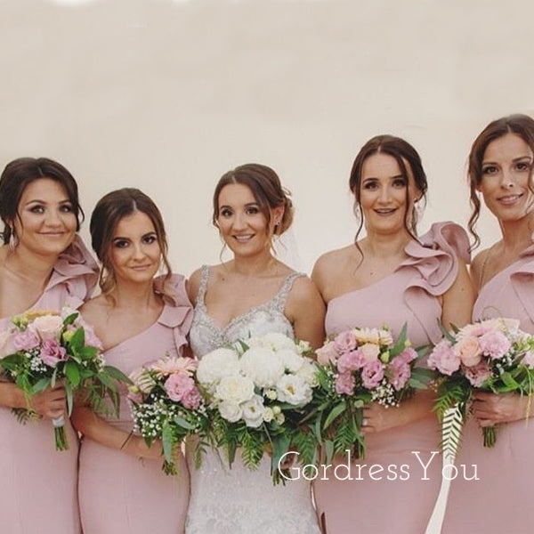 One Shoulder Rose Gold Mermaid Long Cheap Custom Side Slit Bridesmaid Dresses, GRB0133