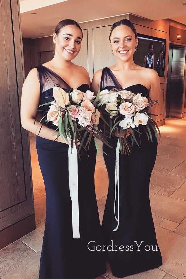 Popular One Shoulder Black Mermaid Long Cheap Custom Bridesmaid Dresses, GRB0134