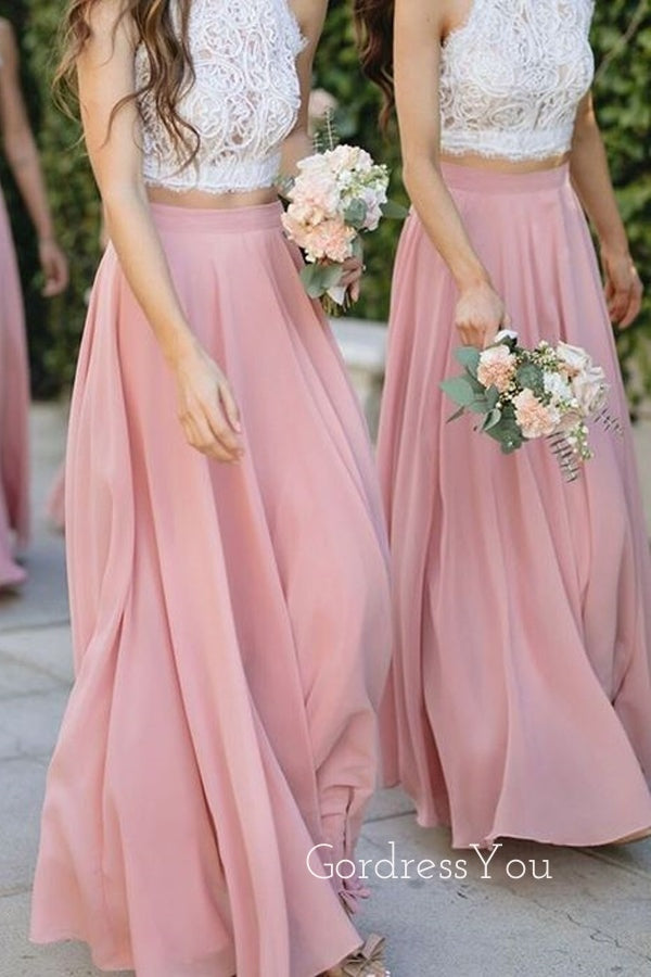 Two Pieces A-line Chiffon Lace Long Cheap Custom Bridesmaid Dresses, GRB0135