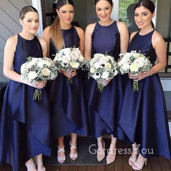 A-line Nave Blue Satin Long Cheap Custom Bridesmaid Dresses, GRB0136