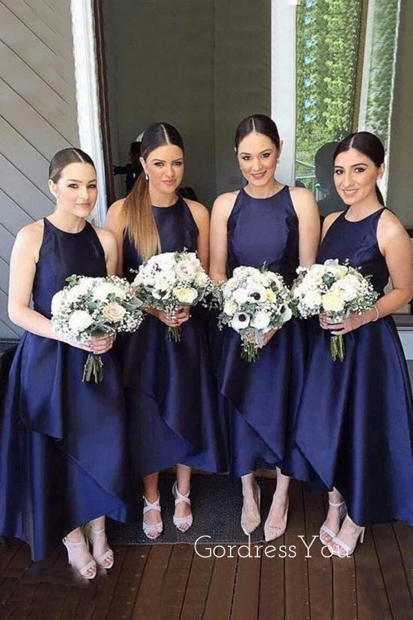 A-line Nave Blue Satin Long Cheap Custom Bridesmaid Dresses, GRB0136