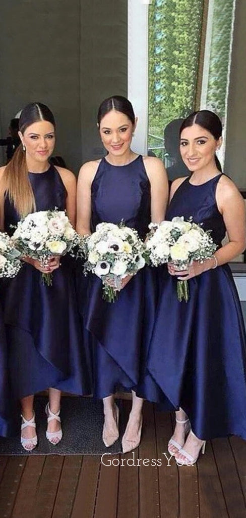 A-line Nave Blue Satin Long Cheap Custom Bridesmaid Dresses, GRB0136