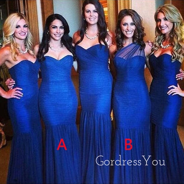 Mismatched Royal Blue Tulle Mermaid Long Cheap Custom Sweetheart Bridesmaid Dresses, GRB0139