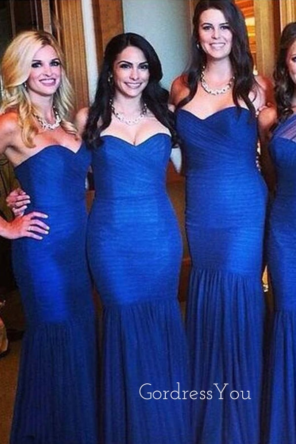 Mismatched Royal Blue Tulle Mermaid Long Cheap Custom Sweetheart Bridesmaid Dresses, GRB0139