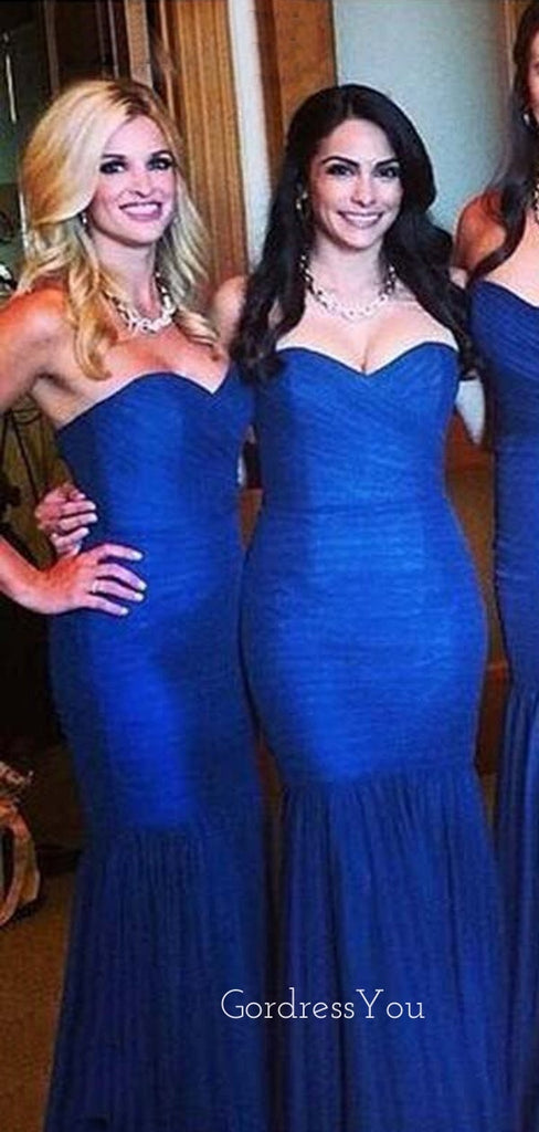 Mismatched Royal Blue Tulle Mermaid Long Cheap Custom Sweetheart Bridesmaid Dresses, GRB0139