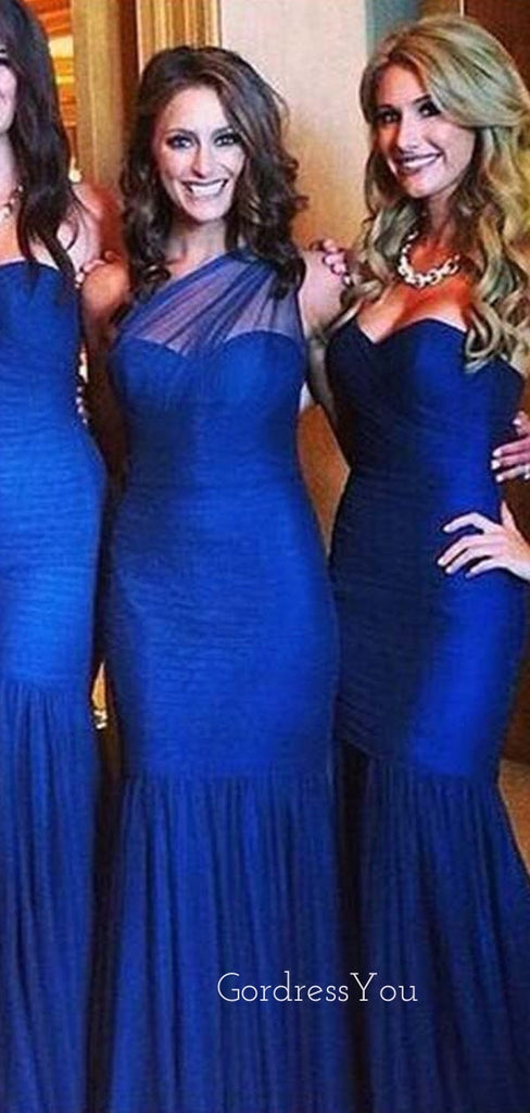 Mismatched Royal Blue Tulle Mermaid Long Cheap Custom Sweetheart Bridesmaid Dresses, GRB0139