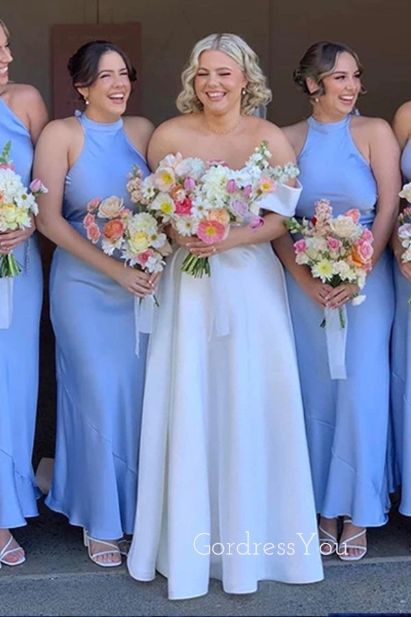 Popular Blue Satin Halter Long Cheap Custom Mermaid Bridesmaid Dresses, GRB0140