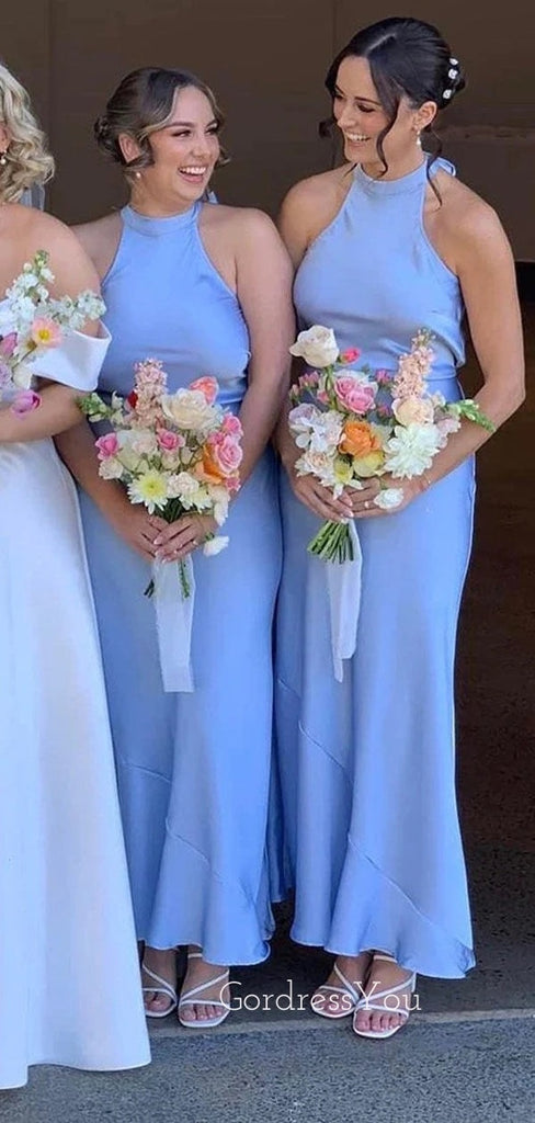 Popular Blue Satin Halter Long Cheap Custom Mermaid Bridesmaid Dresses, GRB0140