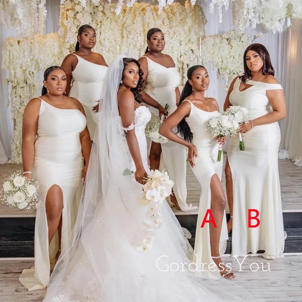 White Mismatched Mermaid Side Slit Long Cheap Custom Bridesmaid Dresses, GRB0145 White Mismatched Mermaid Side Slit Long Cheap Custom Bridesmaid Dresses, GRB0145