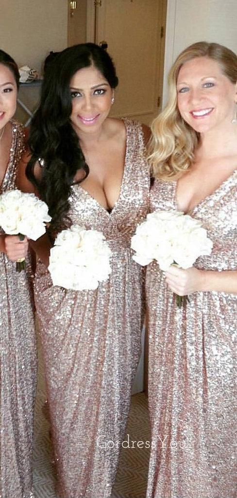 Deep V-neck Mermaid Sequins Long Cheap Custom Bridesmaid Dresses, GRB0146