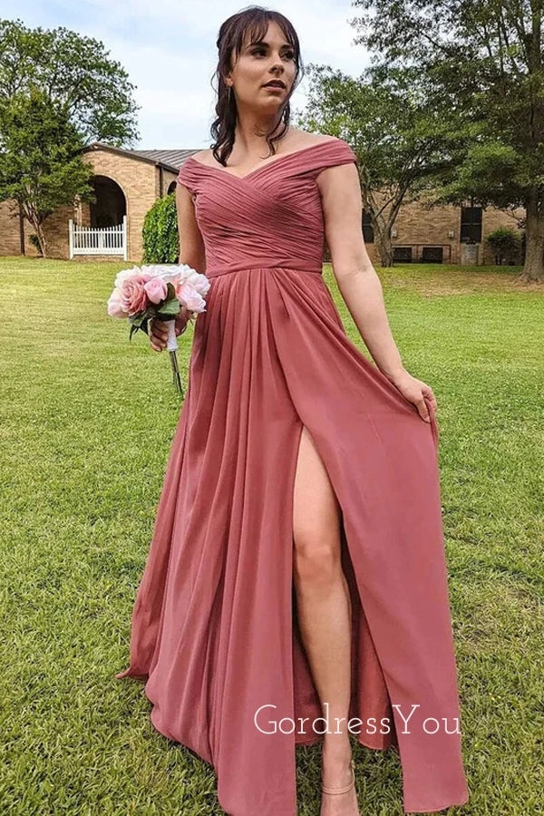 Simple A-line Chiffon Off Shoulder Long Cheap Custom Side Slit Bridesmaid Dresses, GRB0149