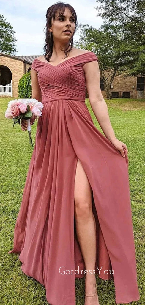 Simple A-line Chiffon Off Shoulder Long Cheap Custom Side Slit Bridesmaid Dresses, GRB0149