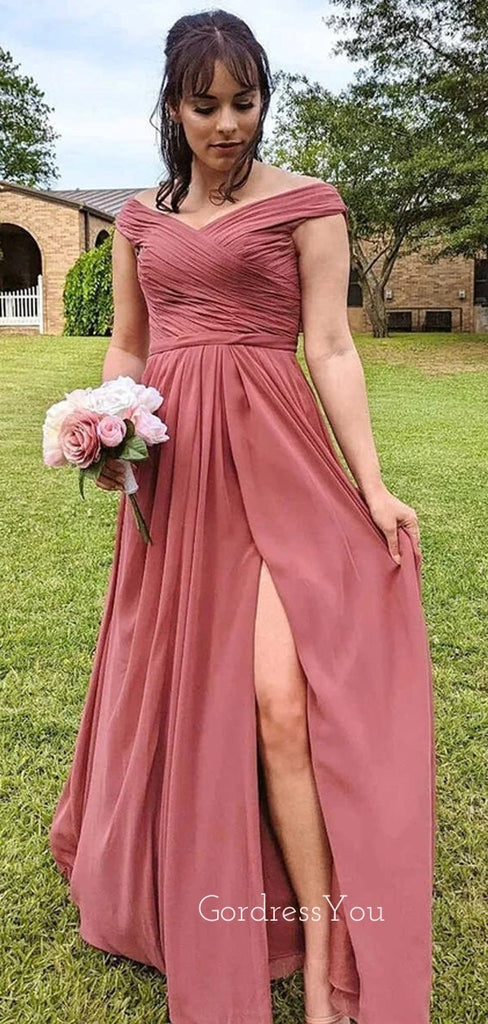 Simple A-line Chiffon Off Shoulder Long Cheap Custom Side Slit Bridesmaid Dresses, GRB0149