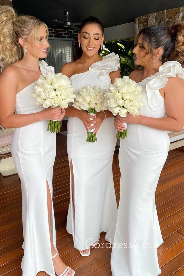 Unique One Shoulder White Mermaid Long Cheap Custom Side Slit Bridesmaid Dresses, GRB0150