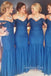 Blue Tulle Mermaid Long Cheap Custom Off Shoulder Bridesmaid Dresses, GRB0151