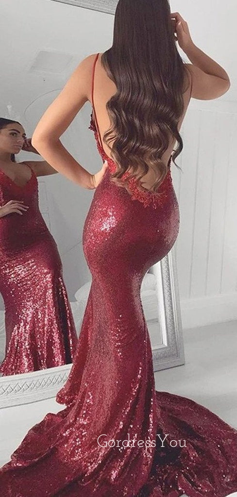 Red Mermaid Sleeveless V Neck Custom Prom Dresses,Sweet 16 Prom Dresses, OL015