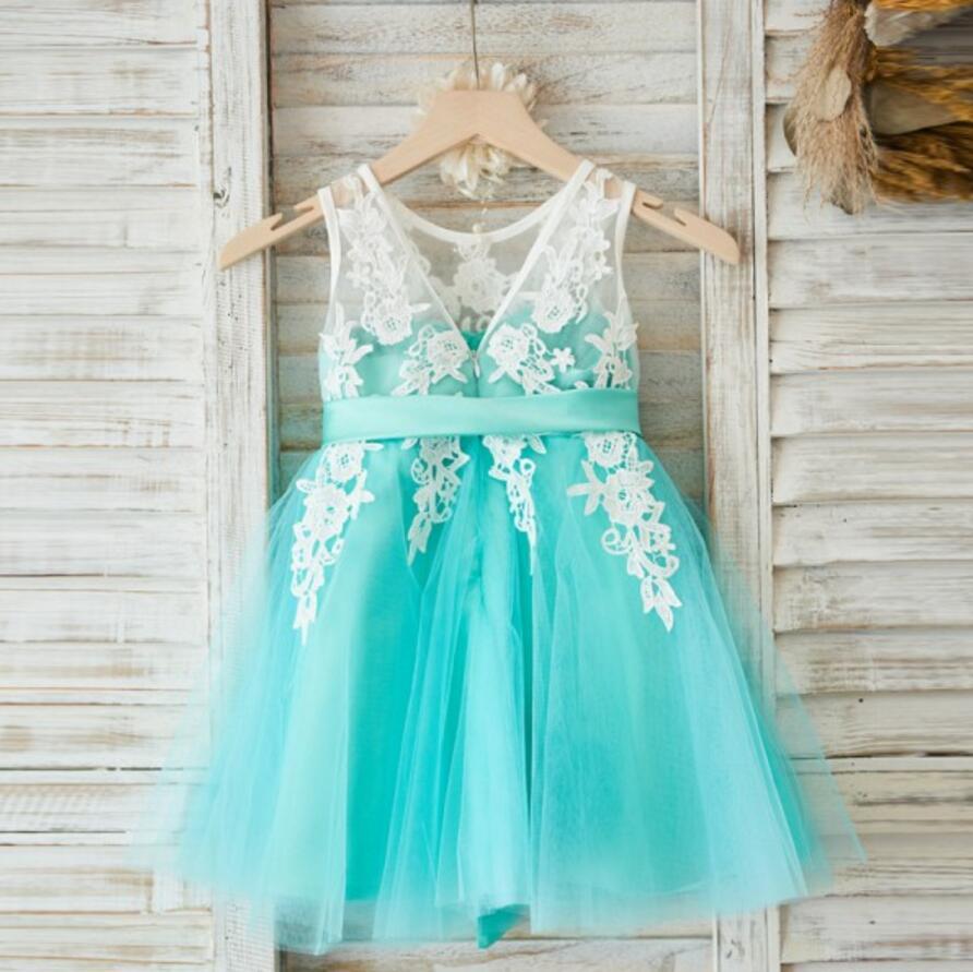 Lovely Tulle Applique Flower Girl Dresses, V Back Little Girl Dresses, FGS014